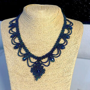 NWOT Women’s hand beaded boho blue lace necklace handcrafted‎ goddess jewelry